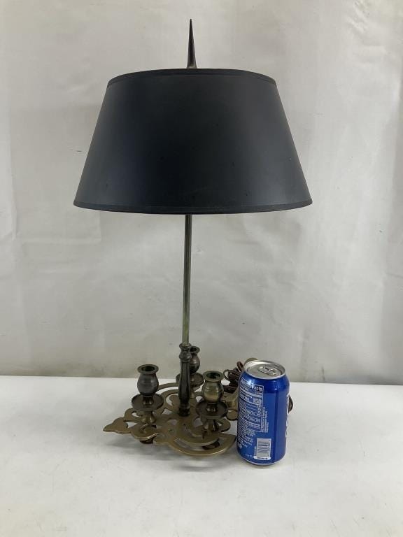 French Bouillotte Style Brass Table Lamp | Vintage Candle Stick Lamp with Black Tole Shade | Traditional European Desk Lighting