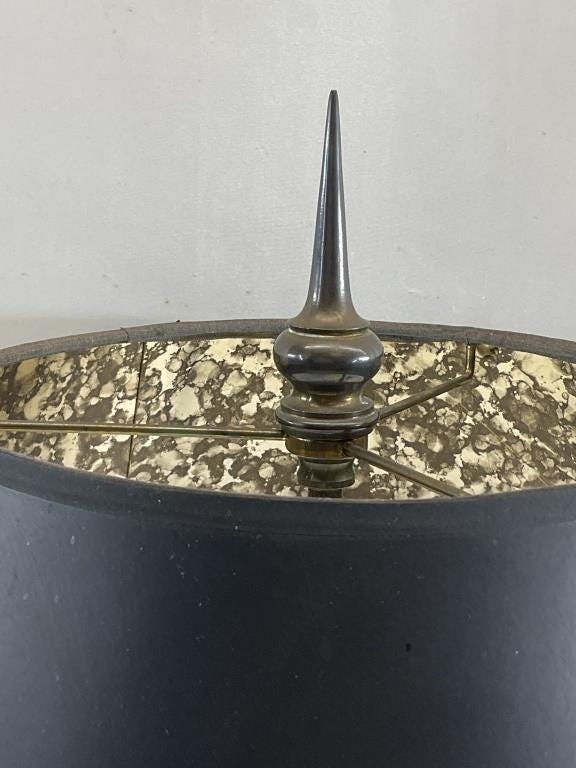 French Bouillotte Style Brass Table Lamp | Vintage Candle Stick Lamp with Black Tole Shade | Traditional European Desk Lighting