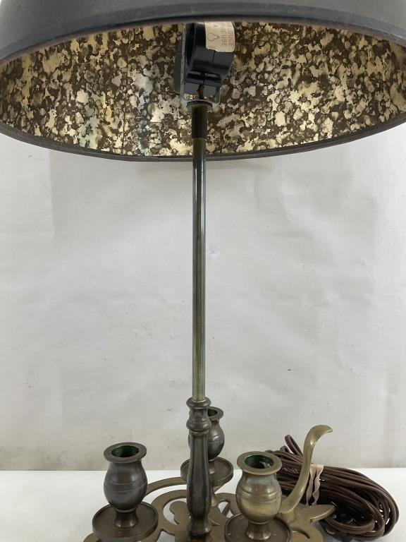 French Bouillotte Style Brass Table Lamp | Vintage Candle Stick Lamp with Black Tole Shade | Traditional European Desk Lighting