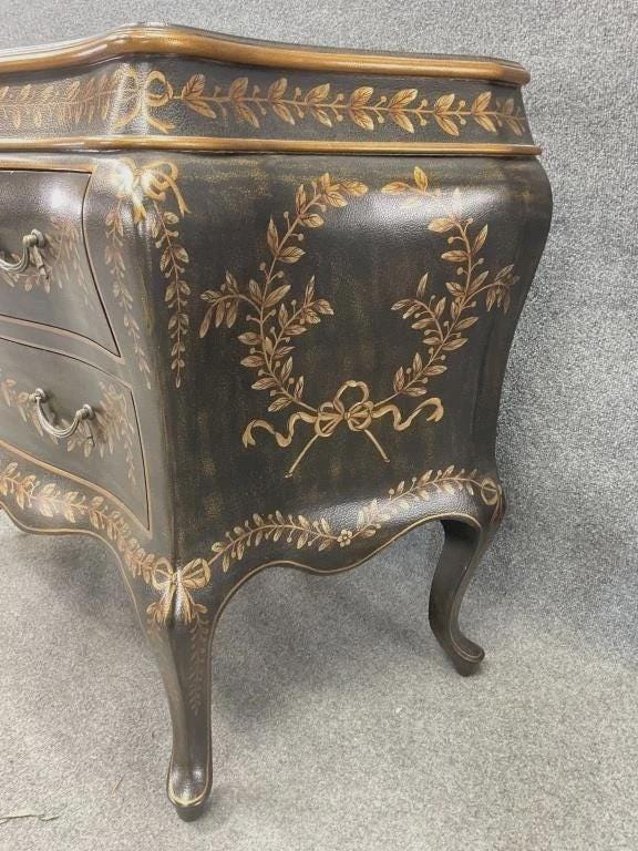 Vintage French Bombé Commode Chest, Hand Painted Floral Garland, Italian Florentine Style, Hollywood Regency 2 Drawer Dresser