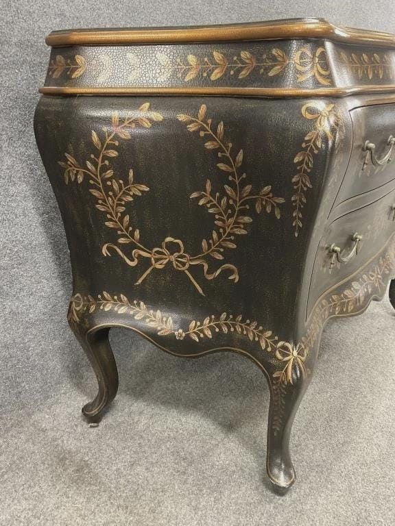 Vintage French Bombé Commode Chest, Hand Painted Floral Garland, Italian Florentine Style, Hollywood Regency 2 Drawer Dresser