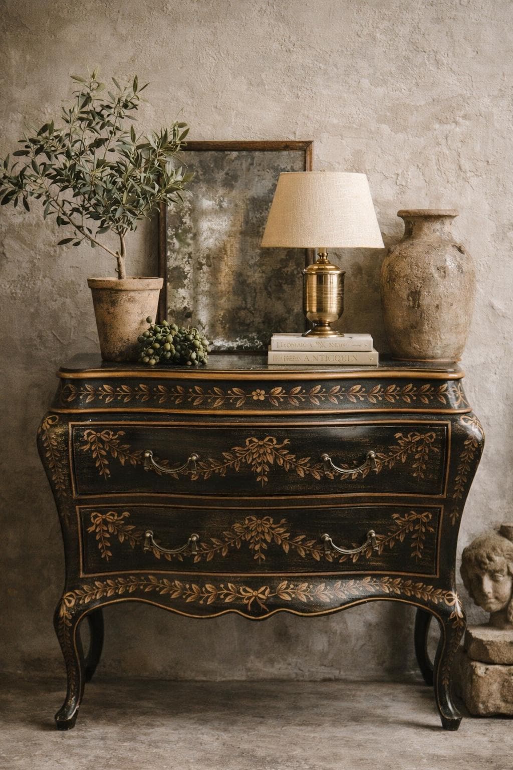Vintage French Bombé Commode Chest, Hand Painted Floral Garland, Italian Florentine Style, Hollywood Regency 2 Drawer Dresser