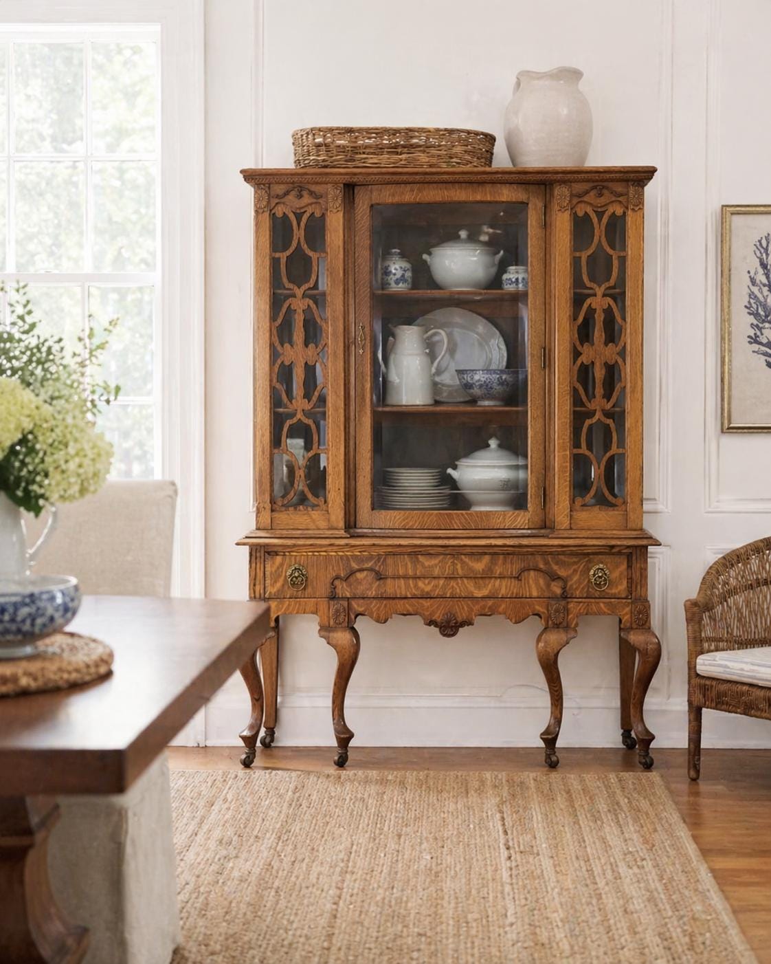 Antique Tiger Oak Bow Front China Cabinet | Victorian Curio Display Cabinet | Carved Oak Display Hutch | Antique Oak China Cabinet