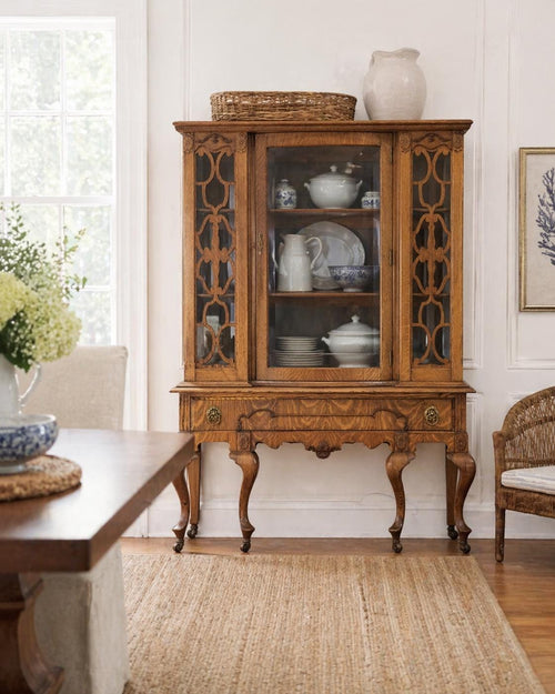 Antique Tiger Oak Bow Front China Cabinet | Victorian Curio Display Cabinet | Carved Oak Display Hutch | Antique Oak China Cabinet