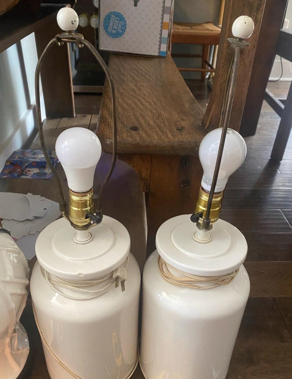 Vintage White Ceramic Table Lamps, Pair, Mid Century Modern Minimalist Lamps, Neutral Coastal Lighting, Bedside Lamp Set