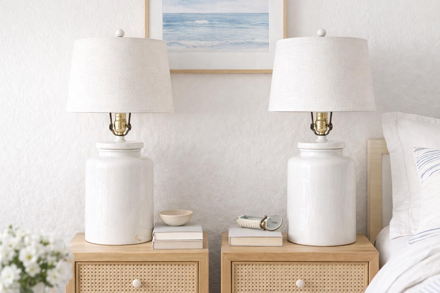 Vintage White Ceramic Table Lamps, Pair, Mid Century Modern Minimalist Lamps, Neutral Coastal Lighting, Bedside Lamp Set