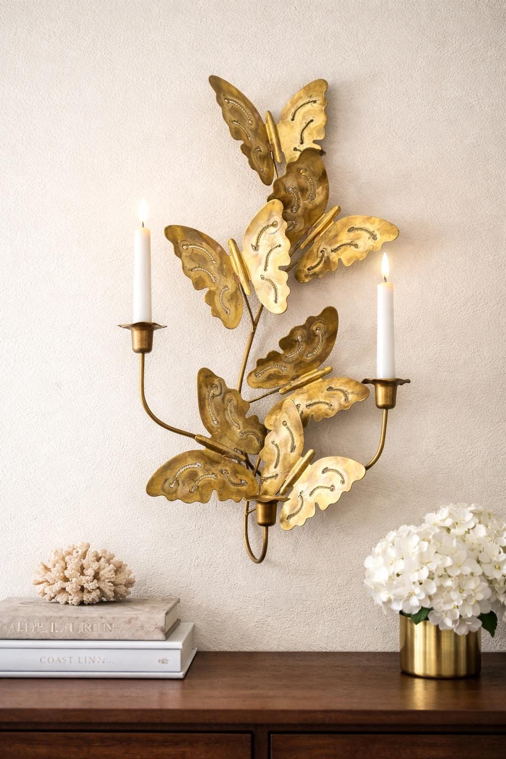 Vintage Brass Butterfly Wall Sconce, 3 Arm Brass Candelabra, Hollywood Regency Wall Sculpture, Mid Century Brass Wall Decor, Italian Style