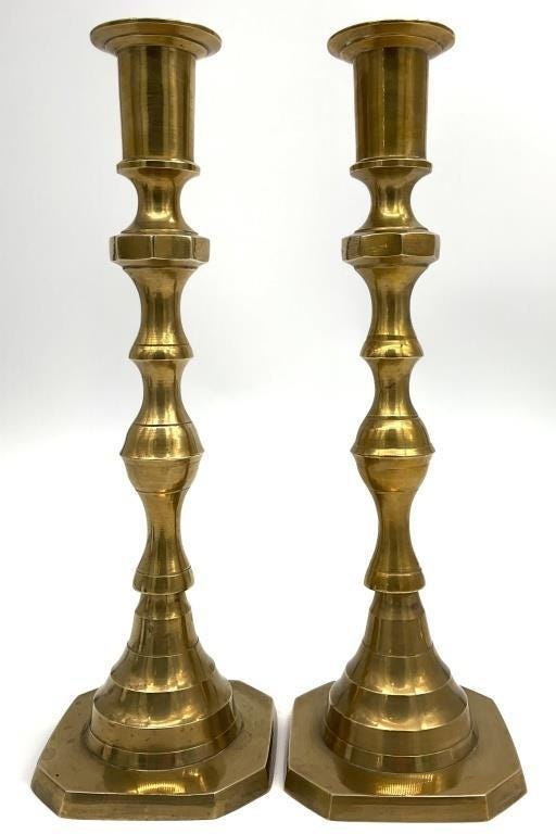 Vintage Pair of Solid Brass Candlesticks | 11.25" Tall Heavy Brass Taper Holders | Traditional Brass Mantle Decor