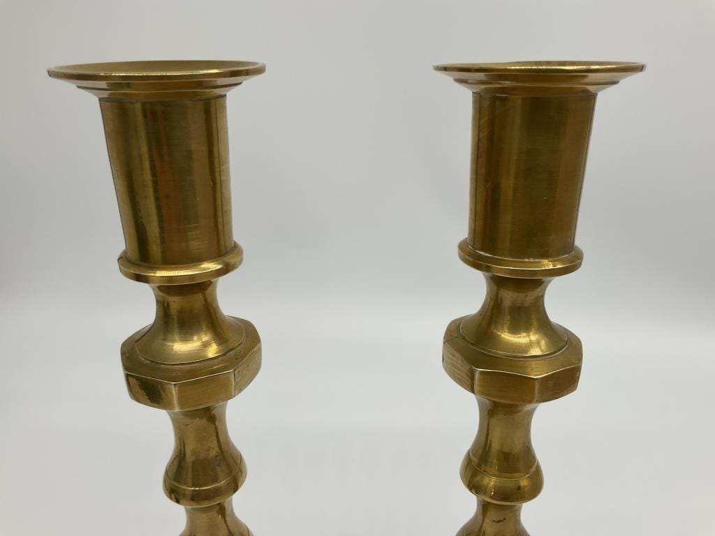 Vintage Pair of Solid Brass Candlesticks | 11.25" Tall Heavy Brass Taper Holders | Traditional Brass Mantle Decor