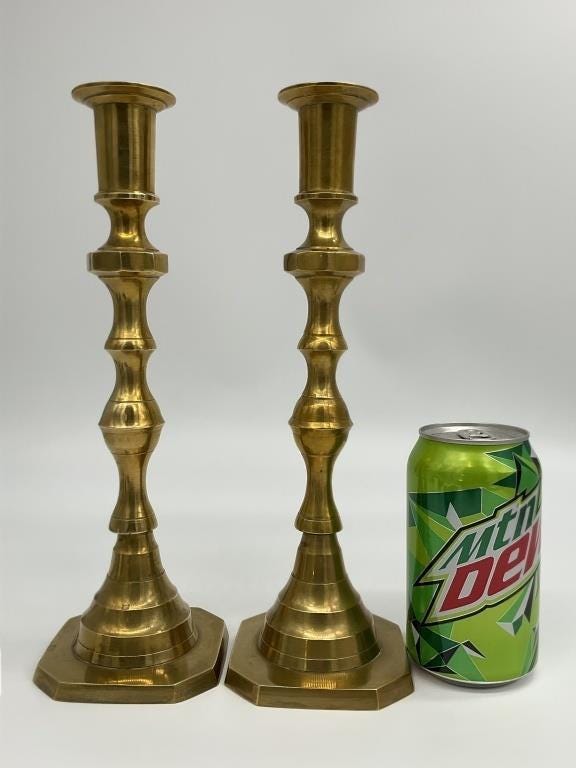 Vintage Pair of Solid Brass Candlesticks | 11.25" Tall Heavy Brass Taper Holders | Traditional Brass Mantle Decor