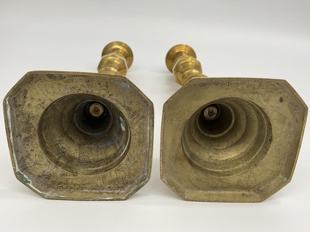 Vintage Pair of Solid Brass Candlesticks | 11.25" Tall Heavy Brass Taper Holders | Traditional Brass Mantle Decor