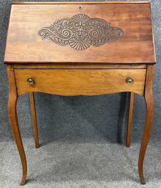Antique 19th Century French Secretary Desk | Hand-Carved Shell Motif Writing Bureau | French Provincial Style Walnut Desk