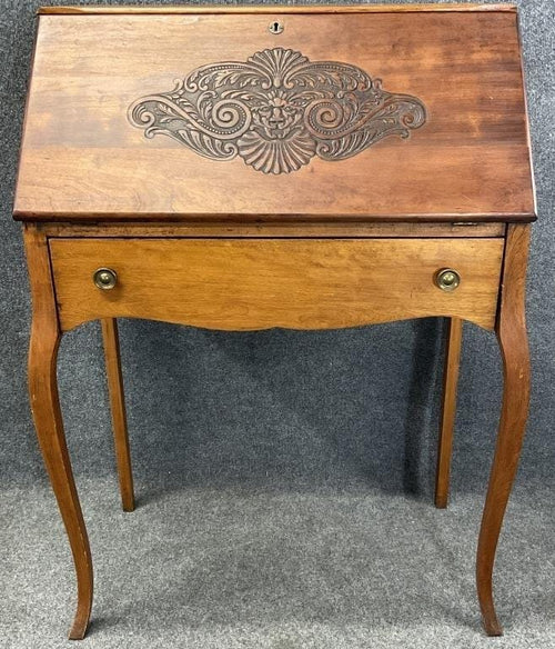 Antique 19th Century French Secretary Desk | Hand-Carved Shell Motif Writing Bureau | French Provincial Style Walnut Desk