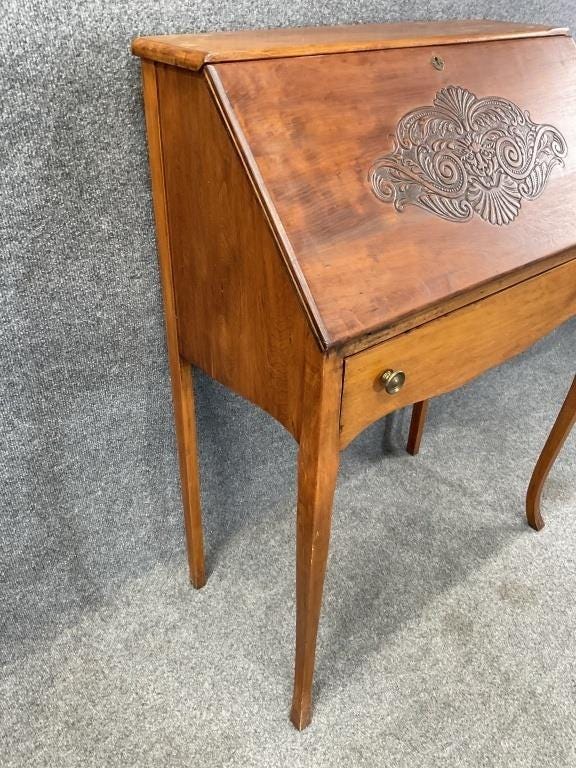 Antique 19th Century French Secretary Desk | Hand-Carved Shell Motif Writing Bureau | French Provincial Style Walnut Desk