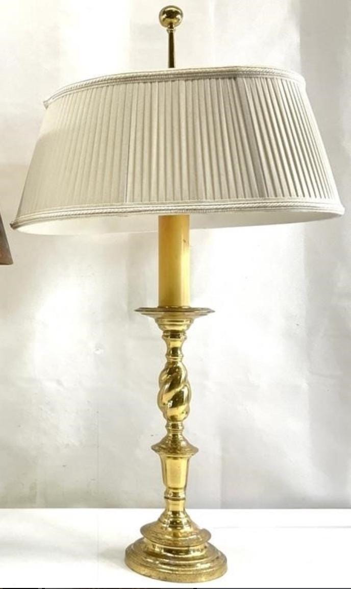 Vintage Heavy Solid Brass Candlestick Lamp | 27" Tall Traditional Buffet Lamp with Pleated Shade