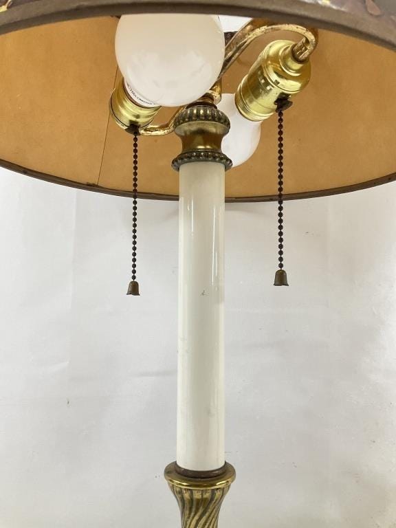 Vintage Brass Bouillotte Style Lamp | 18" Tall French Empire Double Light | Hand-Painted Floral Tole Shade