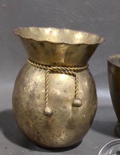 Vintage Brass Urn Vase with Rope Detail – Aged Patina Old World Decor – European Style Brass Vessel – Grandmillennial Home Accent