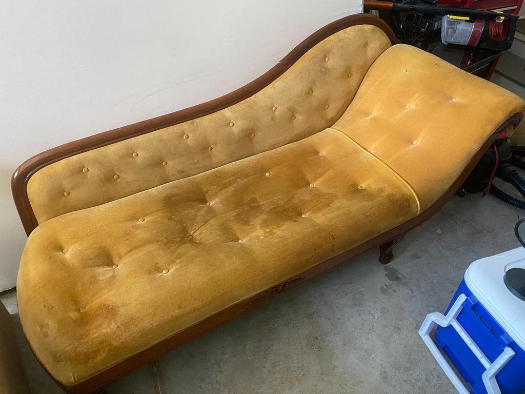 Victorian Tufted Chaise Longue | Hand-Carved Frame, Original Velvet, c. 1870 | Needs Reupholstery
