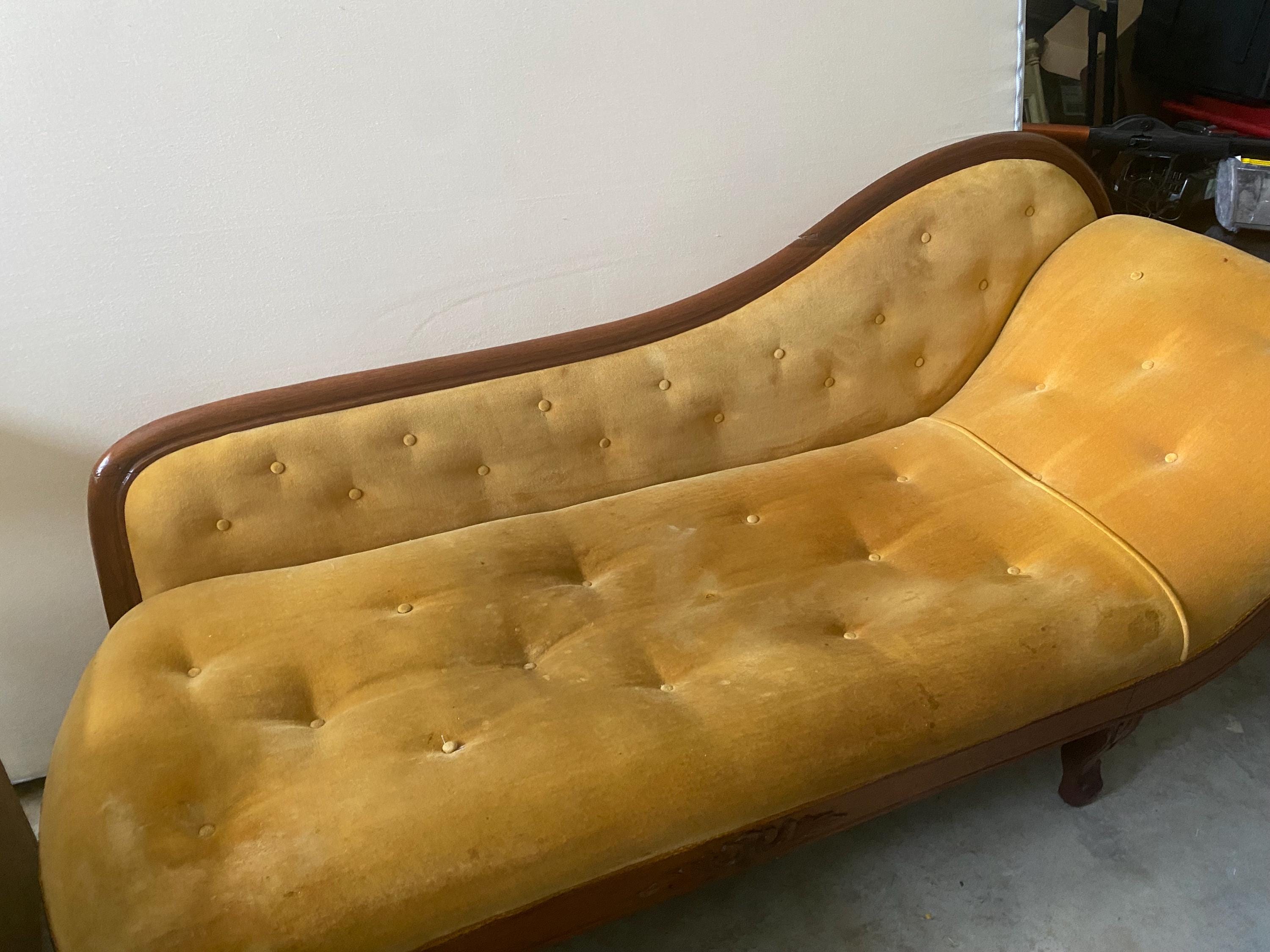 Victorian Tufted Chaise Longue | Hand-Carved Frame, Original Velvet, c. 1870 | Needs Reupholstery