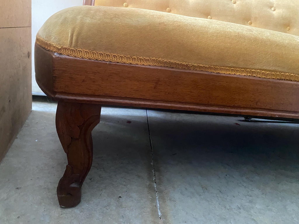 Victorian Tufted Chaise Longue | Hand-Carved Frame, Original Velvet, c. 1870 | Needs Reupholstery