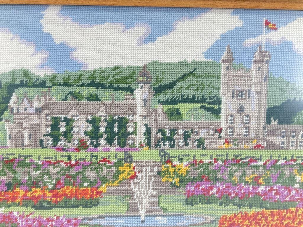 Vintage Balmoral Castle Needlepoint, Framed Scottish Landscape Embroidery, English Country House Wall Art, Traditional Estate Decor