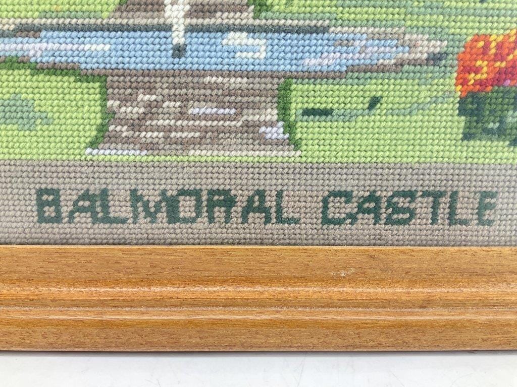 Vintage Balmoral Castle Needlepoint, Framed Scottish Landscape Embroidery, English Country House Wall Art, Traditional Estate Decor