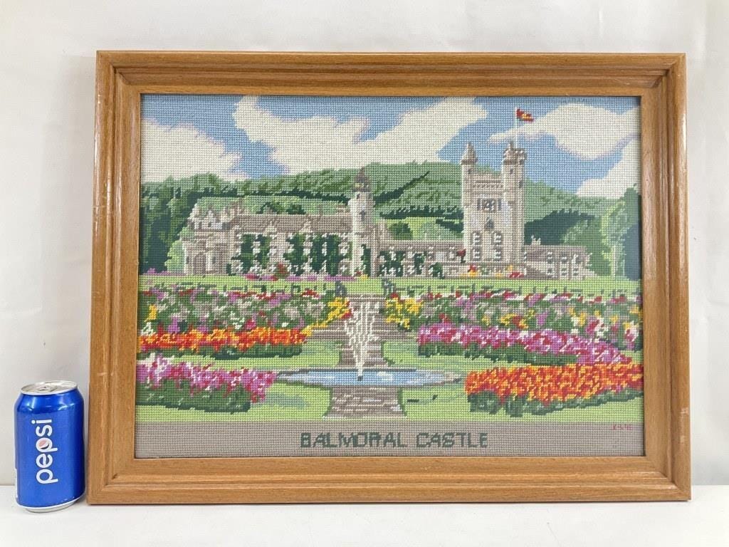 Vintage Balmoral Castle Needlepoint, Framed Scottish Landscape Embroidery, English Country House Wall Art, Traditional Estate Decor