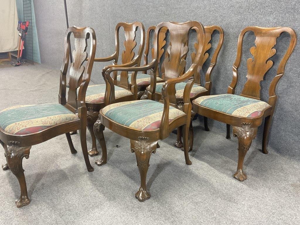 Antique Mahogany Dining Chairs Set of 6 | Chippendale Style Ball and Claw Feet | Vintage Upholstered Dining Chairs | Traditional Dining Set