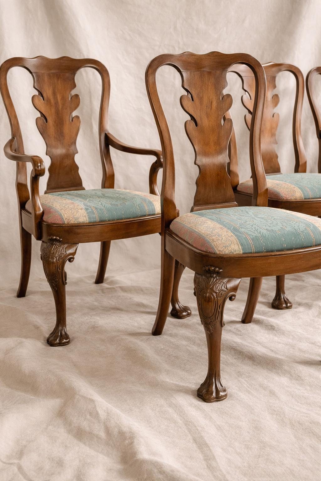 Antique Mahogany Dining Chairs Set of 6 | Chippendale Style Ball and Claw Feet | Vintage Upholstered Dining Chairs | Traditional Dining Set