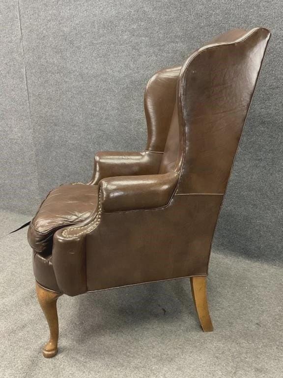 Vintage Leather Wingback Chair | Brown Leather Accent Chair | English Style Club Chair | Nailhead Trim Armchair | Traditional Library Chair