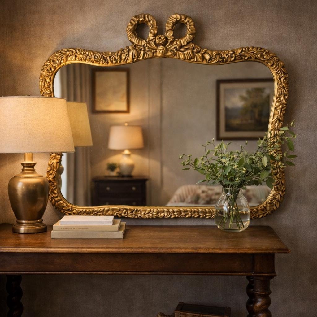Antique French Gilt Wall Mirror with Bow Crest, Rococo Ornate Gold Frame, Vintage Decorative Mirror, Hollywood Regency Wall Decor