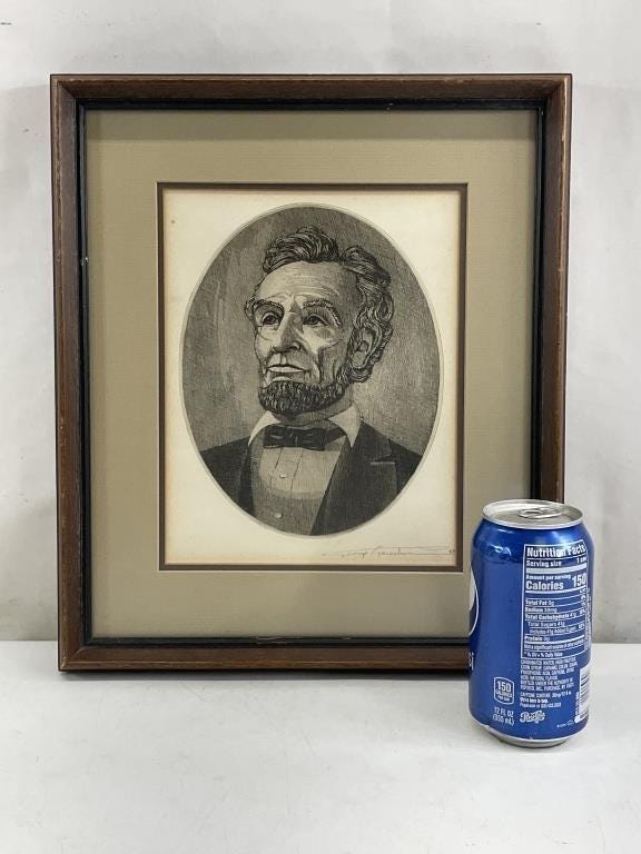 Vintage Abraham Lincoln Framed Engraving Style Print, Signed Portrait, Black and White Oval Lincoln Wall Art, Historic Americana Decor