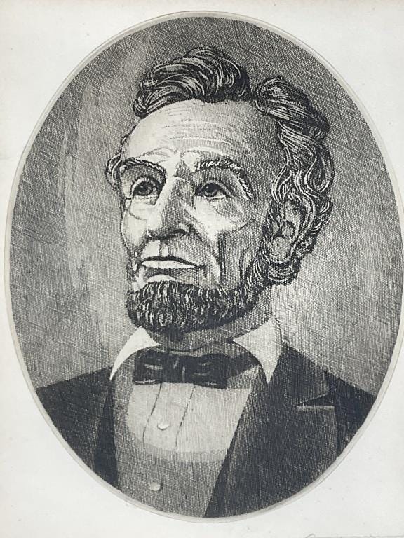 Vintage Abraham Lincoln Framed Engraving Style Print, Signed Portrait, Black and White Oval Lincoln Wall Art, Historic Americana Decor