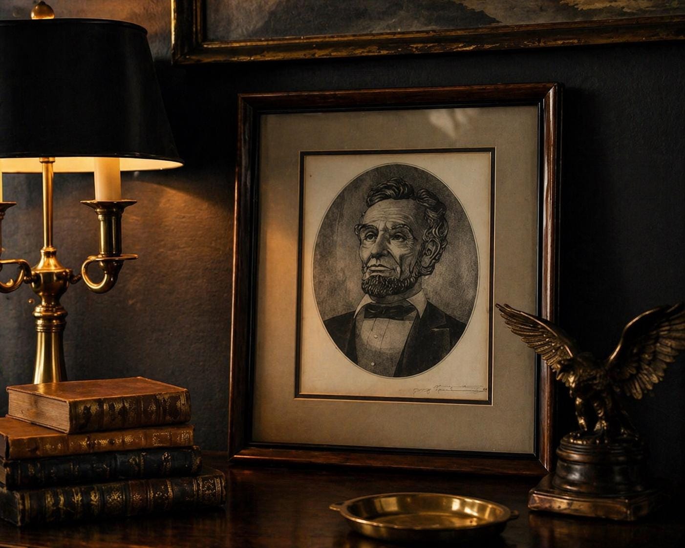 Vintage Abraham Lincoln Framed Engraving Style Print, Signed Portrait, Black and White Oval Lincoln Wall Art, Historic Americana Decor