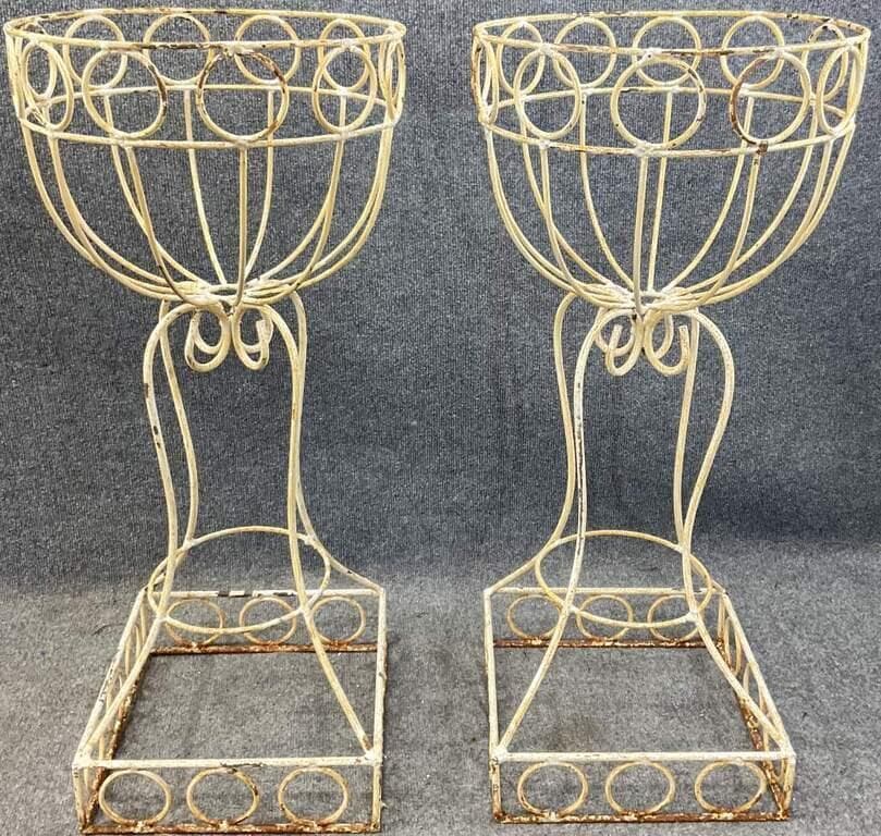 Pair Vintage Wrought Iron Planters, Tall White Garden Urn Stands, French Country Pedestal Planters, Shabby Chic Indoor Outdoor Decor