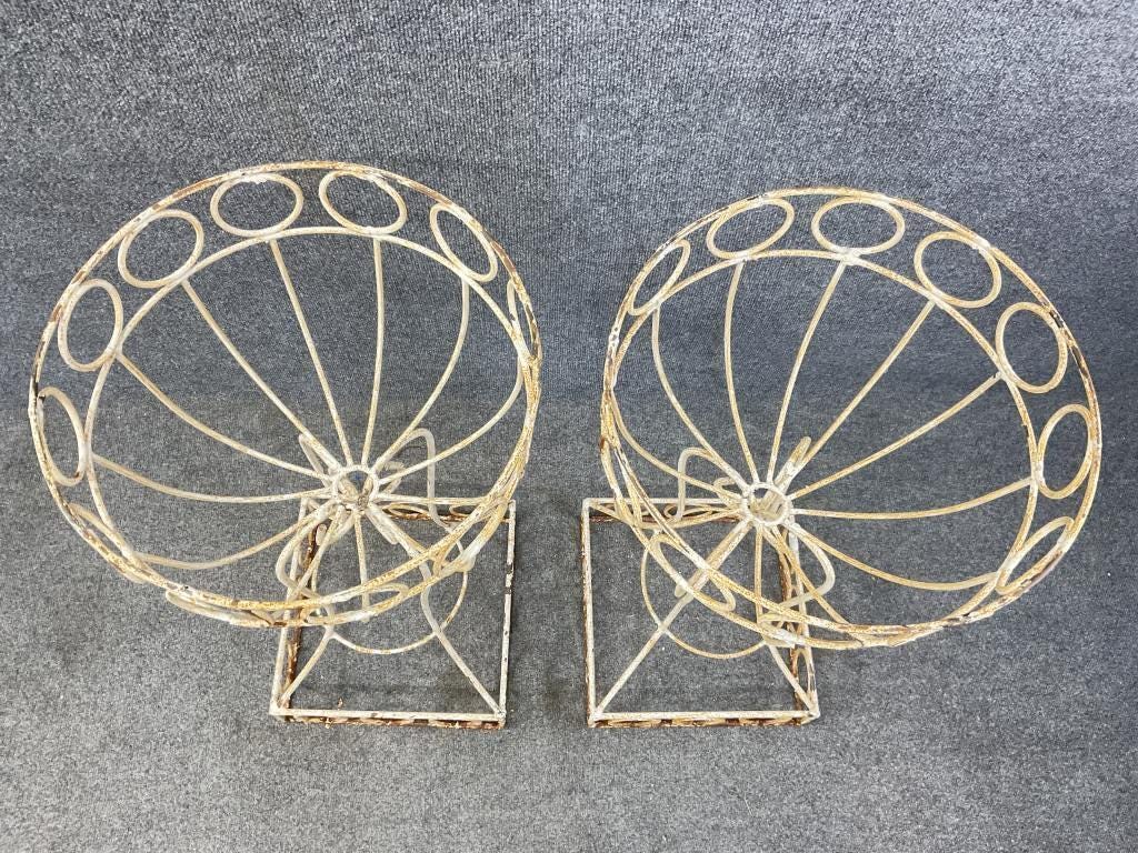 Pair Vintage Wrought Iron Planters, Tall White Garden Urn Stands, French Country Pedestal Planters, Shabby Chic Indoor Outdoor Decor