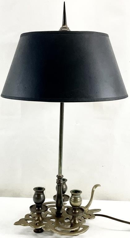 French Bouillotte Style Brass Table Lamp | Vintage Candle Stick Lamp with Black Tole Shade | Traditional European Desk Lighting