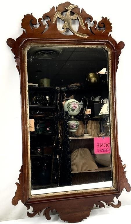 Antique Georgian Mahogany Wall Mirror | Gilt Phoenix Crest | Hampton & Sons London | English Decorative Mirror | Circa 1760, England