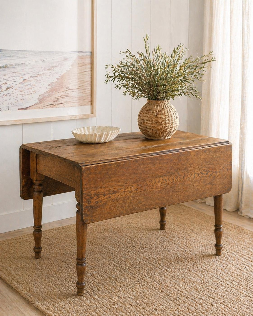 Antique Oak Drop-Leaf Table, Primitive Farmhouse Console Table, Small Kitchen Table, 19th-century Wooden Side Table, Turned Leg Table