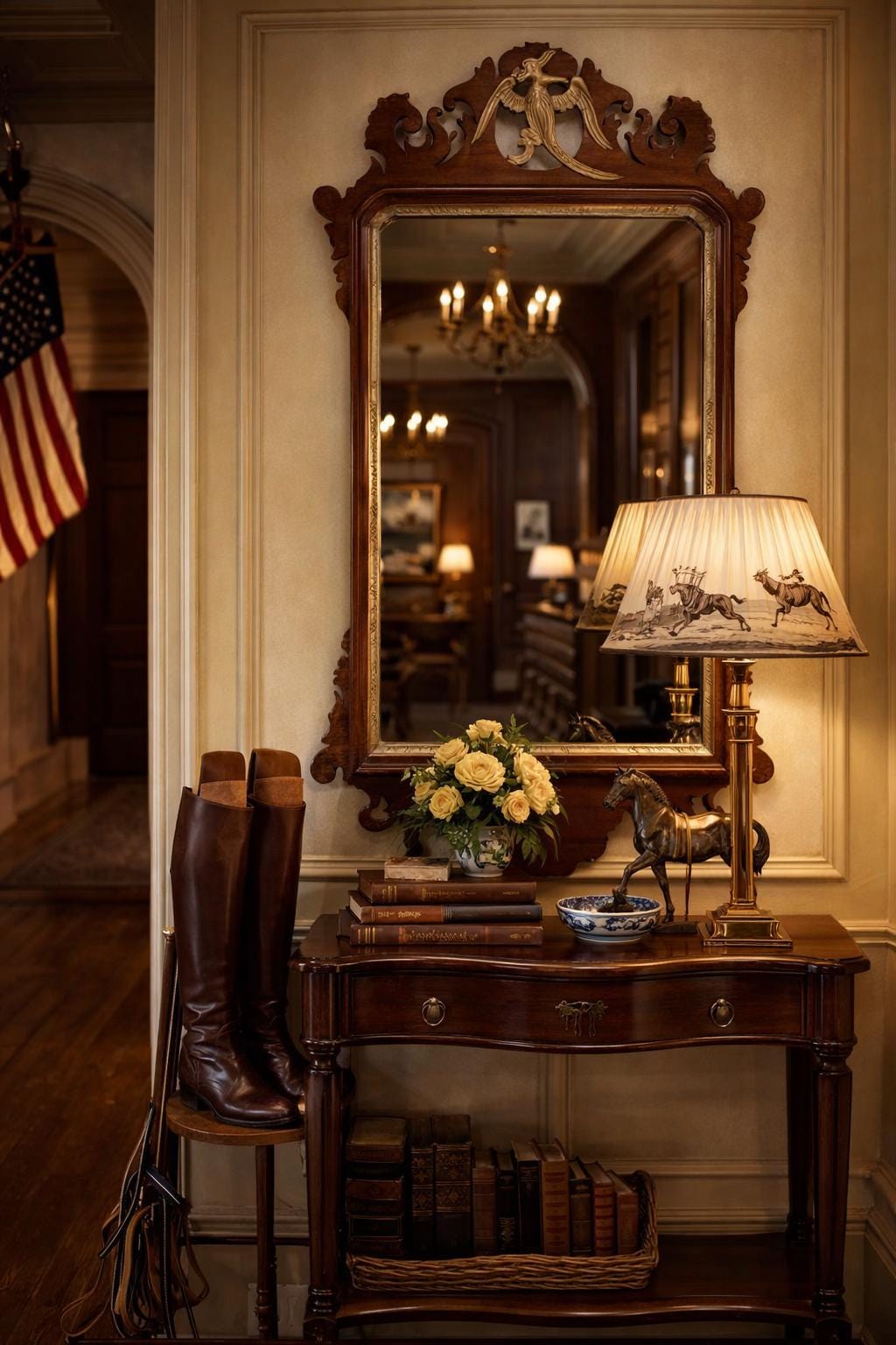 Antique Georgian Mahogany Wall Mirror | Gilt Phoenix Crest | Hampton & Sons London | English Decorative Mirror | Circa 1760, England