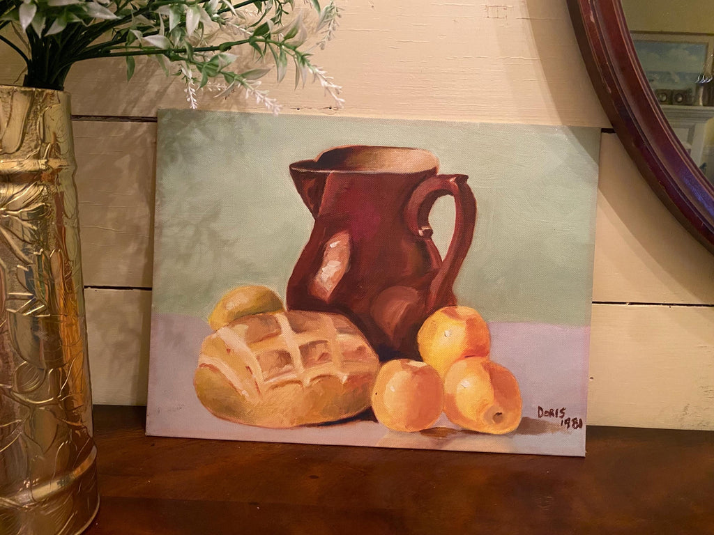 Vintage Still Life Painting of Lemons and Jug – Rustic Kitchen Art, Pitcher & Fruit, European Farmhouse Wall Decor