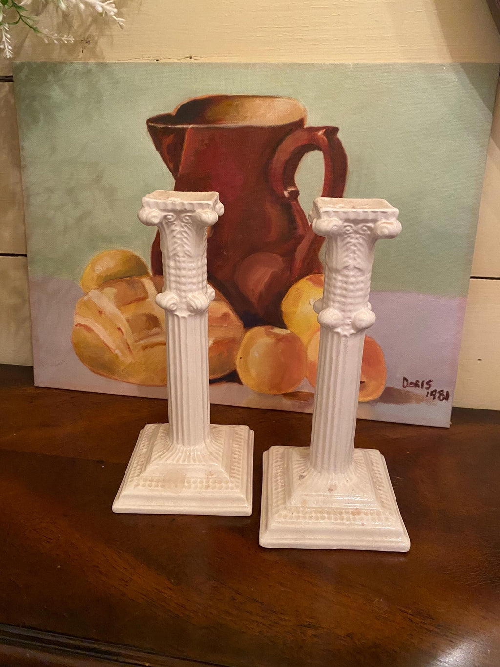 Vintage Portuguese Ceramic Column Candlesticks – Pair of Ivory Corinthian Pillar Candle Holders, Neoclassical Coastal Decor