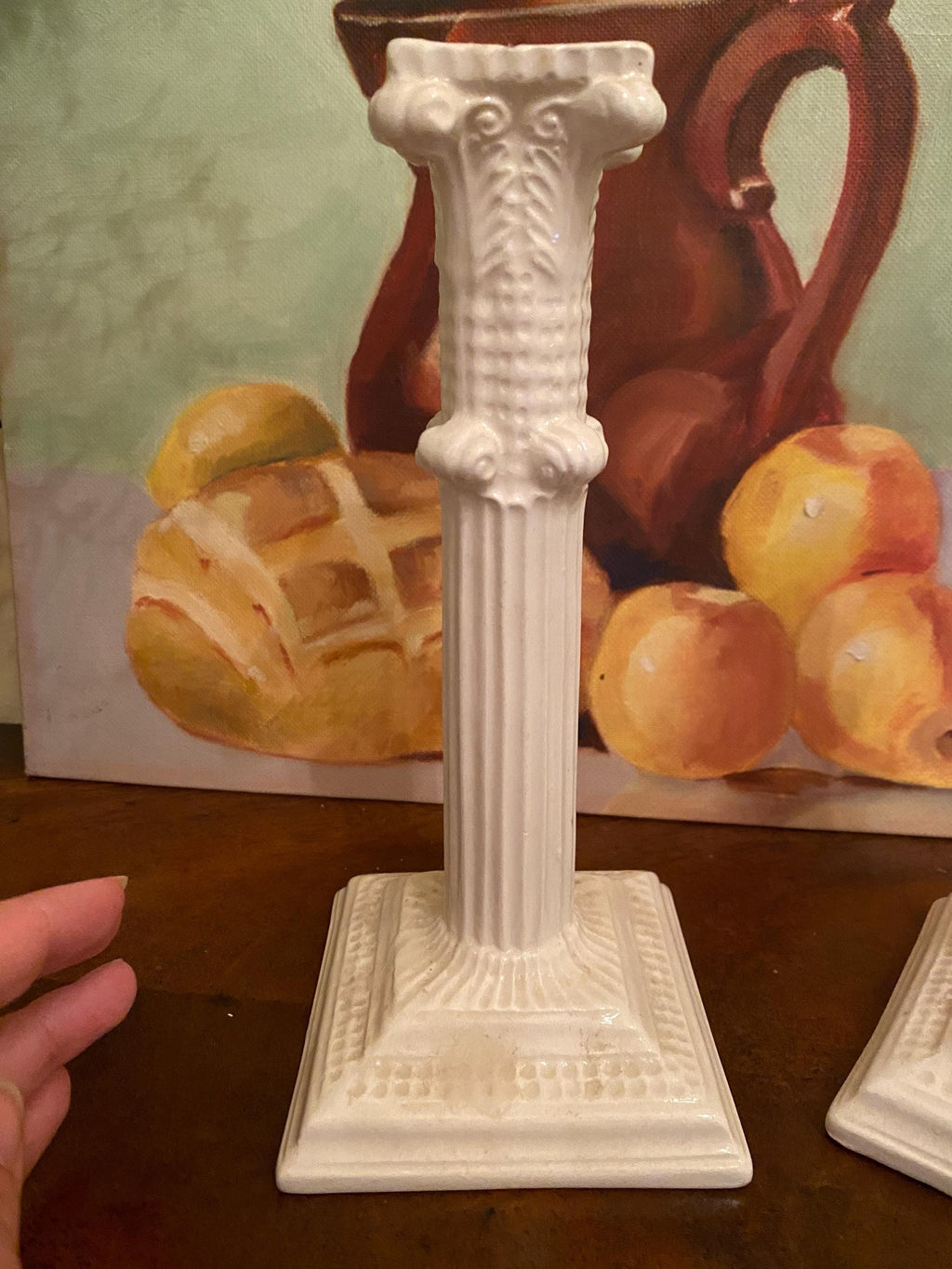 Vintage Portuguese Ceramic Column Candlesticks – Pair of Ivory Corinthian Pillar Candle Holders, Neoclassical Coastal Decor