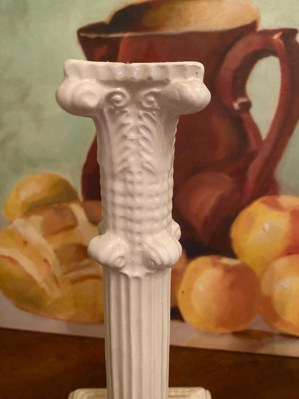 Vintage Portuguese Ceramic Column Candlesticks – Pair of Ivory Corinthian Pillar Candle Holders, Neoclassical Coastal Decor