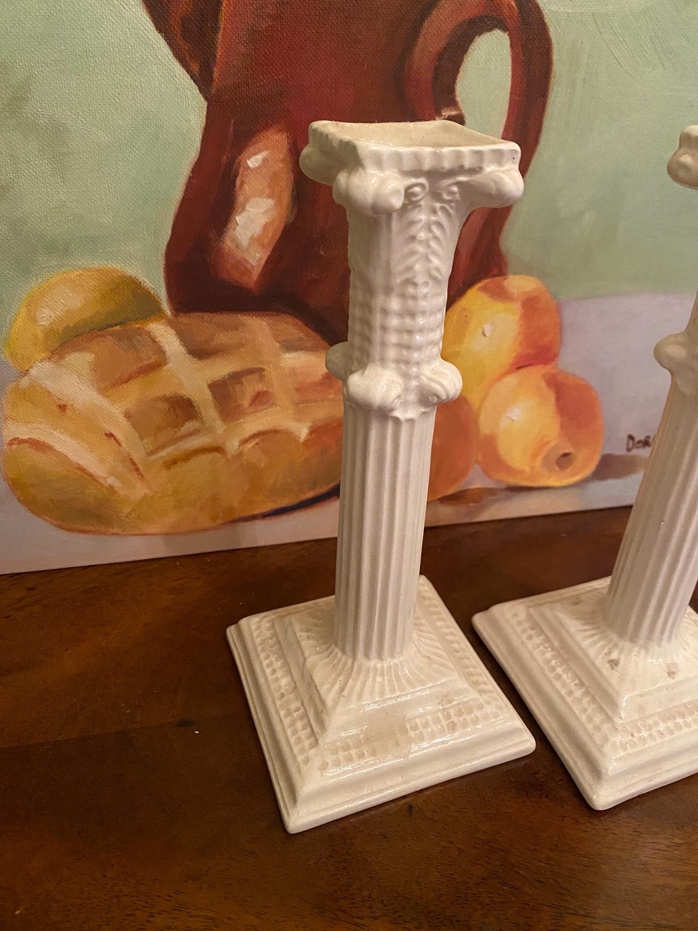 Vintage Portuguese Ceramic Column Candlesticks – Pair of Ivory Corinthian Pillar Candle Holders, Neoclassical Coastal Decor