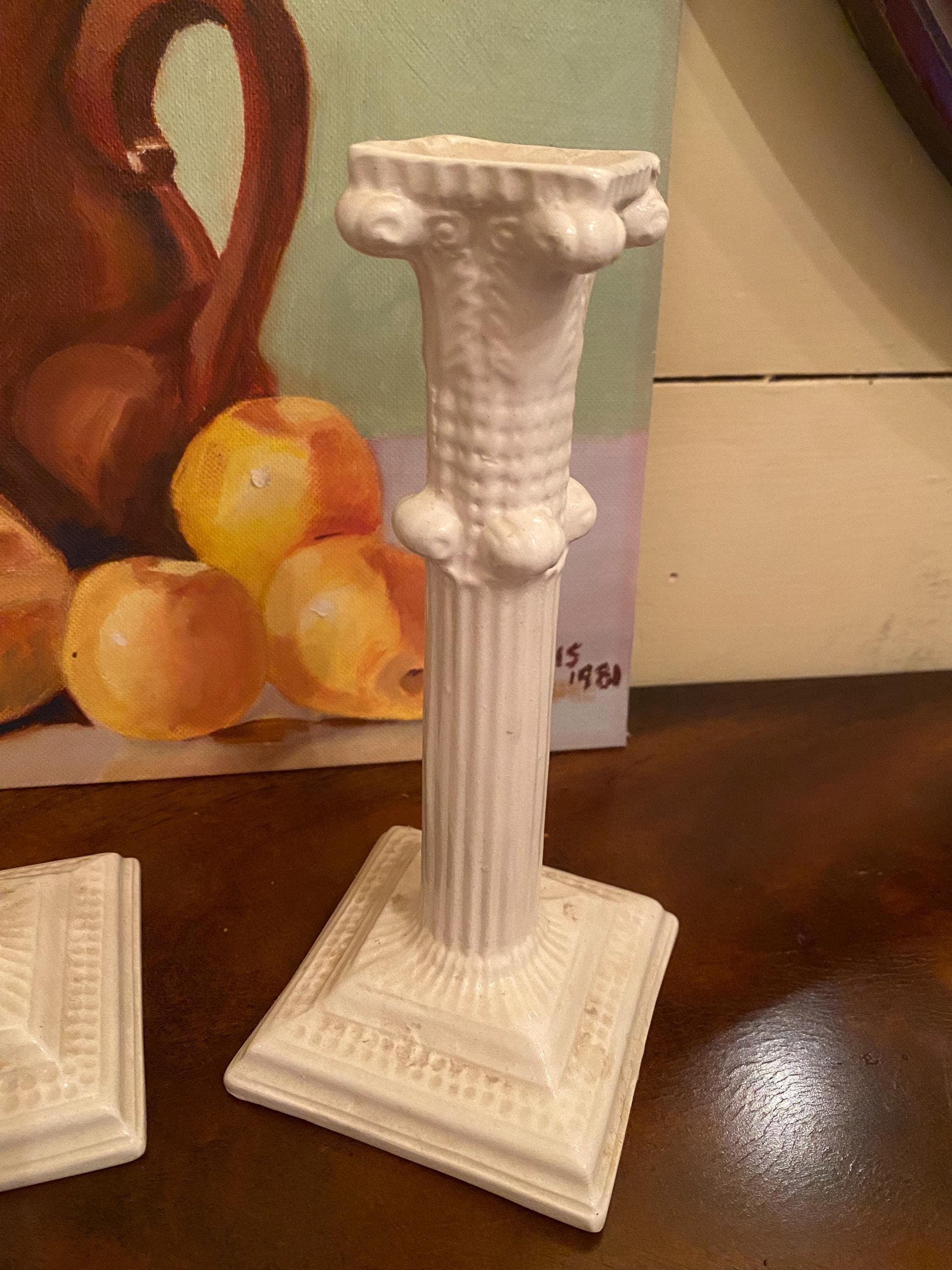 Vintage Portuguese Ceramic Column Candlesticks – Pair of Ivory Corinthian Pillar Candle Holders, Neoclassical Coastal Decor
