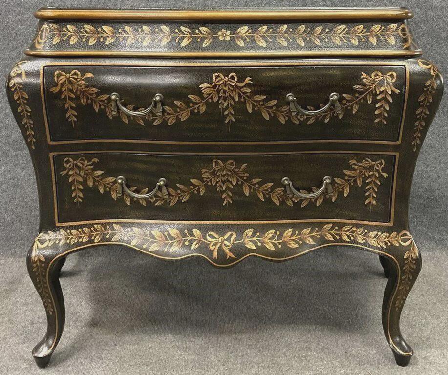 Vintage French Bombé Commode Chest, Hand Painted Floral Garland, Italian Florentine Style, Hollywood Regency 2 Drawer Dresser