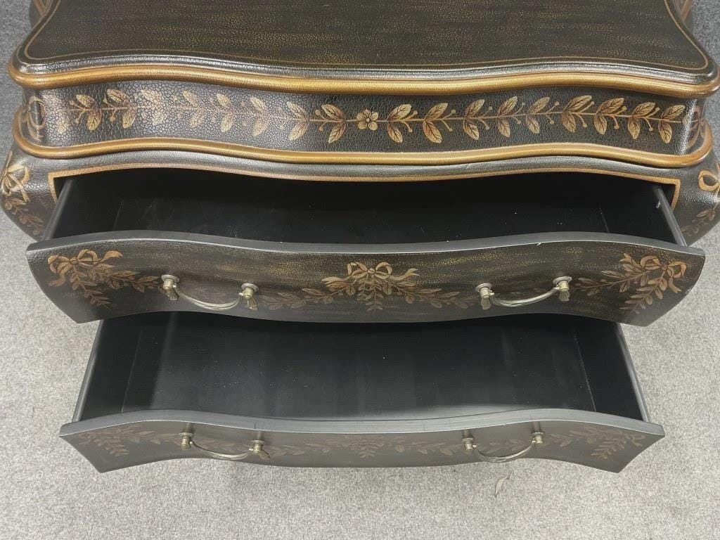 Vintage French Bombé Commode Chest, Hand Painted Floral Garland, Italian Florentine Style, Hollywood Regency 2 Drawer Dresser