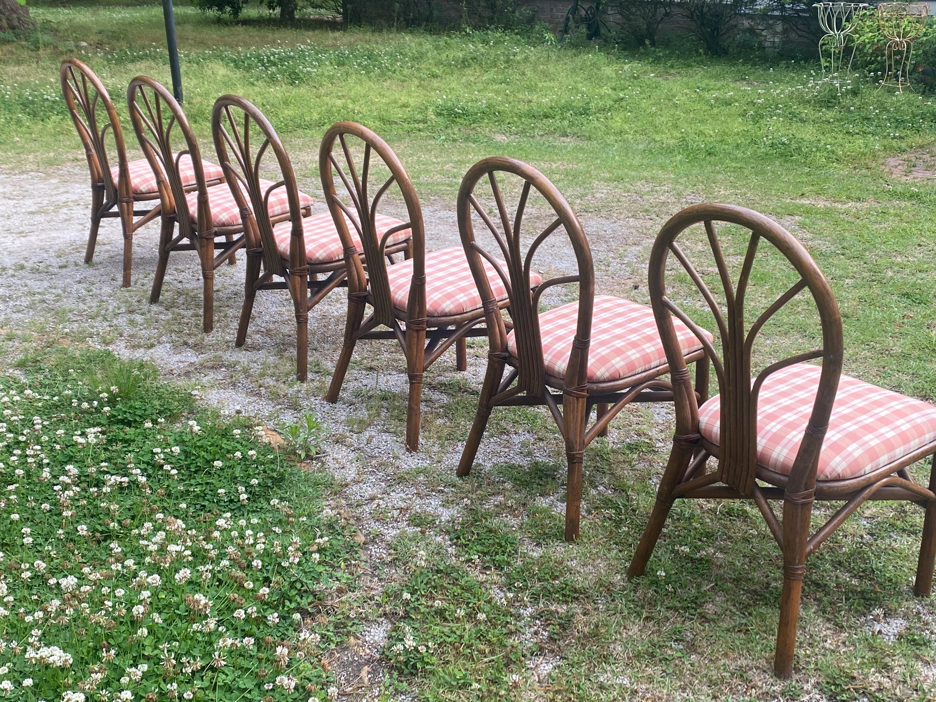 Set of 6 Vintage Rattan Wheatback Dining Chairs - Mid Century Coastal Bamboo Dining Set - Palm Beach Regency Boho Kitchen Chairs