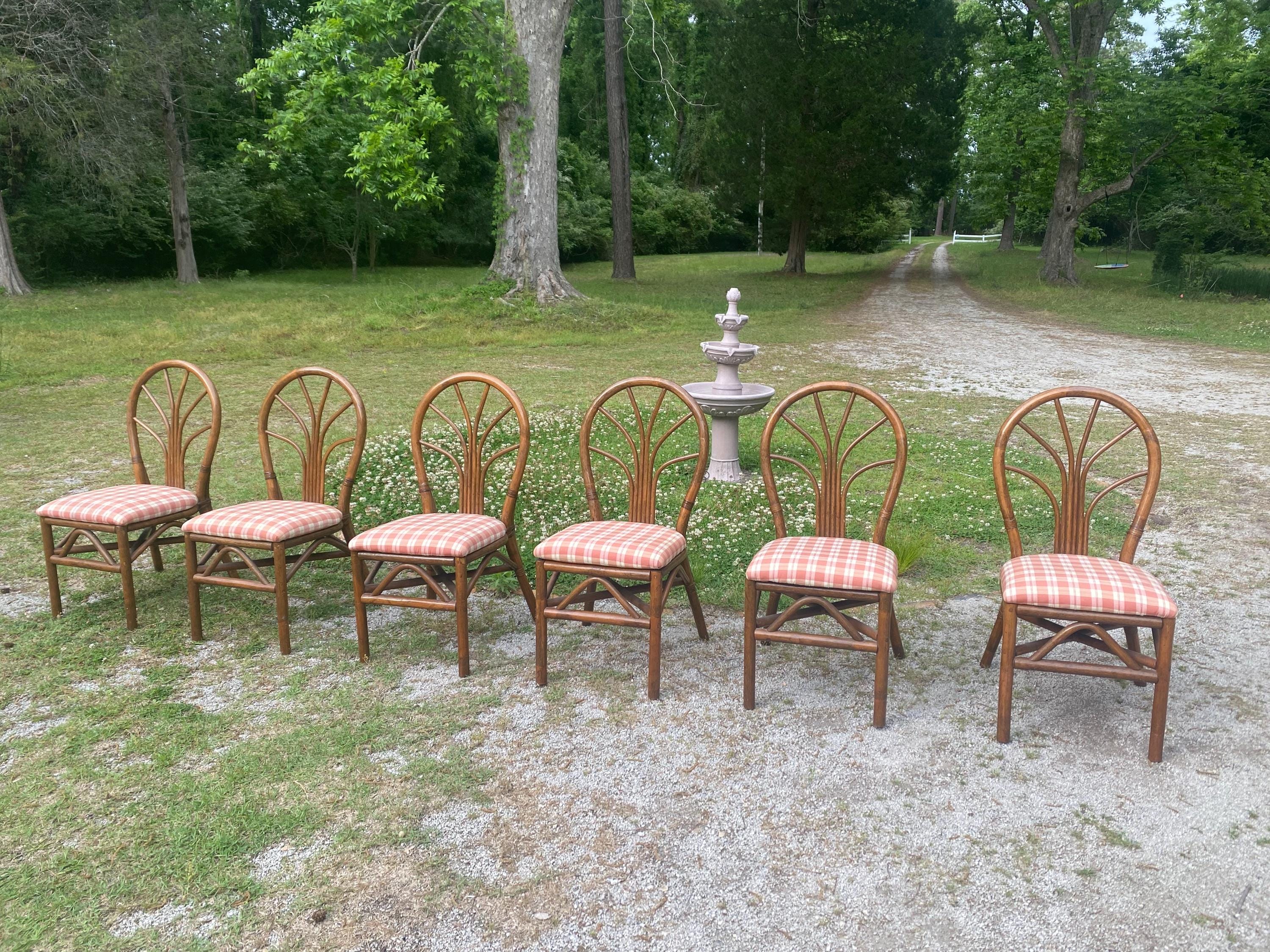 Set of 6 Vintage Rattan Wheatback Dining Chairs - Mid Century Coastal Bamboo Dining Set - Palm Beach Regency Boho Kitchen Chairs